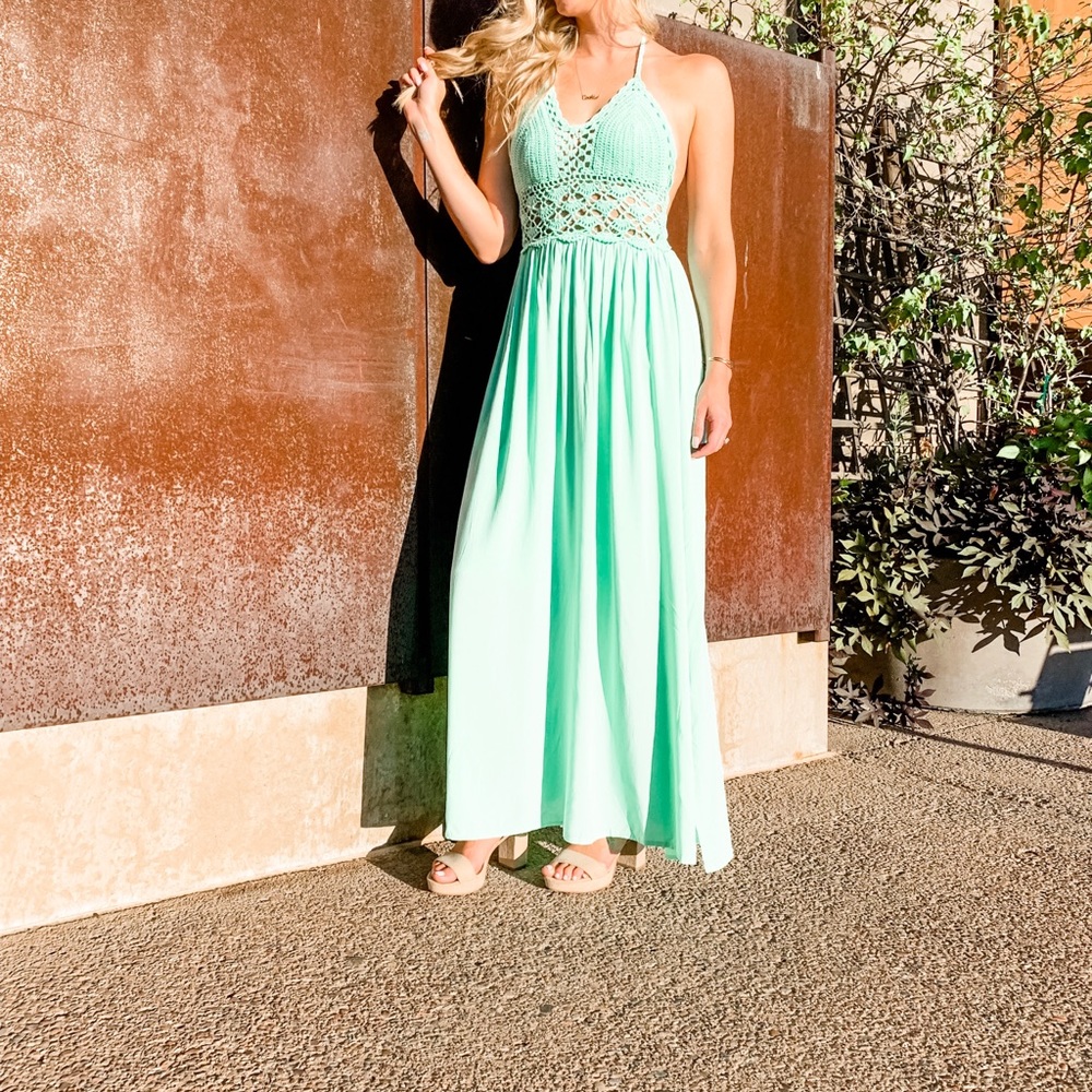 Green crochet halter maxi dress size small